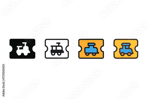 Train and Car Icons. Vector icon train ticket same pose same proportions four styles black solid glyph outline minimal flat multicolor filled cartoon flat