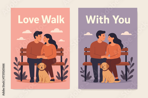 Love Walk Banners. Two vertical A6 banners, flat vector design, pink and lavender backgrounds, couple sitting on bench with dog, lifestyle romance, first