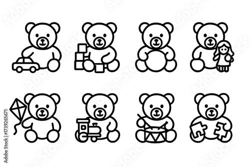 Teddy Bear Icon Collection. Outline icon set of teddy bear toys: teddy with toy car, teddy with blocks, teddy with ball, teddy with doll, teddy with kite,