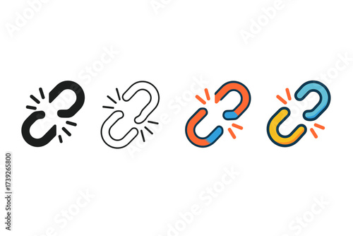 Stylized Chain Icons. Vector icon unlink broken chain same pose same proportions four styles black solid glyph outline minimal flat multicolor filled cartoon