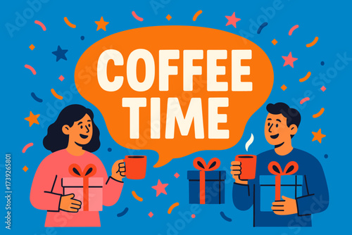 Coffee Time Celebration. Coffee Time banner, flat vector illustration, bold oversized text inside rounded blob, cartoon characters holding mugs and gift boxes,