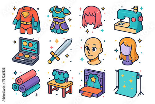 Cosplay Accessory Icons. Cosplay. Colorful isometric vector icons set of cosplay: superhero costume, fantasy armor, anime wig, sewing machine, makeup kit, prop