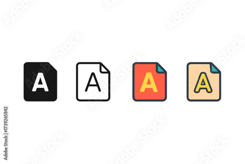 Vector Alphabet Icons. Vector icon flashcards alphabet same pose same proportions four styles black solid glyph outline minimal flat multicolor filled cartoon