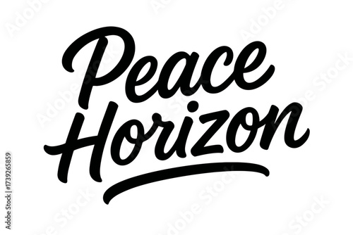 Peaceful Horizon Design. Peace Horizon, modern hand lettering, smooth curves, balanced composition, clear readable letters, consistent style, none, horizontal