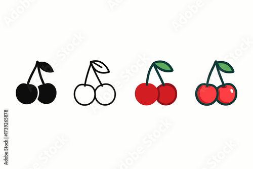 Cherry Icon Styles. Vector icon cherry fruit same pose same proportions four styles black solid glyph outline minimal flat multicolor filled cartoon flat