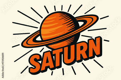 Retro Saturn Poster. Saturn, retro poster lettering, bold rounded curves, surrounded by orbital rays, diagonal decorative composition, clean white background,