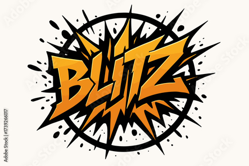 Blitz Graffiti Explosion. Blitz, graffiti lettering, explosive jagged strokes, surrounded by splashes, circular frame composition, clean white background,