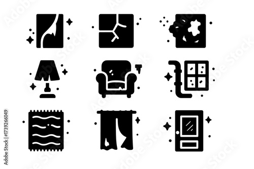 Aging Interiors Icons. Aging interiors. Solid icons set of aging interiors: peeling wallpaper, cracked ceiling, broken tile, chipped paint, old lamp, worn