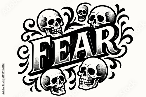 Fearful Skull Tattoo. Fear, old-school tattoo lettering, bold dramatic tone, surrounded by skull details, diagonal decorative composition, clean
