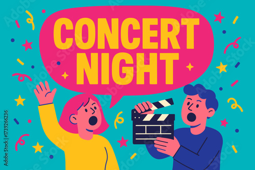 Concert Night Celebration. Concert Night banner, flat vector illustration, bold oversized text inside rounded blob, cartoon characters shouting with clapper
