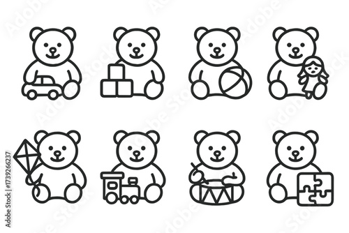 Teddy Bear Icon Collection. Outline icon set of teddy bear toys: teddy with toy car, teddy with blocks, teddy with ball, teddy with doll, teddy with kite,