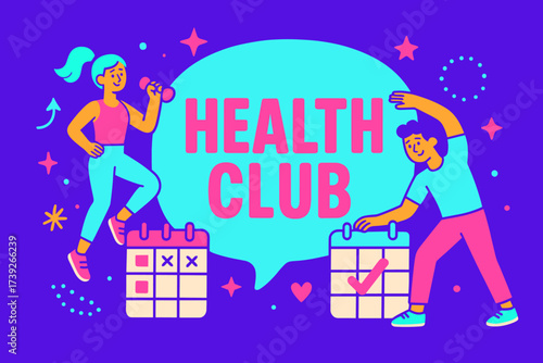 Vibrant Health Club Banner. Health Club banner, flat vector illustration, bold oversized text inside rounded blob, cartoon characters exercising with