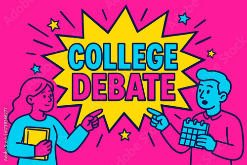 Dynamic Debate Banner. College Debate banner, flat vector illustration, bold oversized text inside splash explosion, cartoon characters pointing with books and