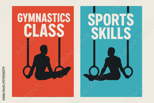 Athlete and Gymnastics Banners. Two vertical A6 banners, flat vector design, red and cyan backgrounds, gymnastics rings with athlete silhouette, olympic sport