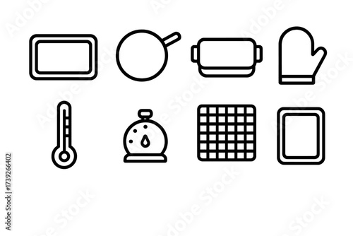 Oven Accessories Icons. Outline icon set of oven accessories: baking tray, pizza stone, roasting pan, oven mitt, thermometer, timer, cooling rack, baking