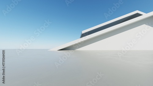 Fototapeta Naklejka Na Ścianę i Meble -  3d illustration of abstract modern architecture background, Minimal geometry architectural design, Car presentation backdrop with empty concrete floor, Geometric white blocks building design