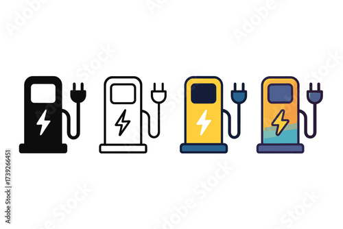 Icon Style Showcase. Vector icon EV charging station same pose same proportions four styles black solid glyph outline minimal flat multicolor filled cartoon