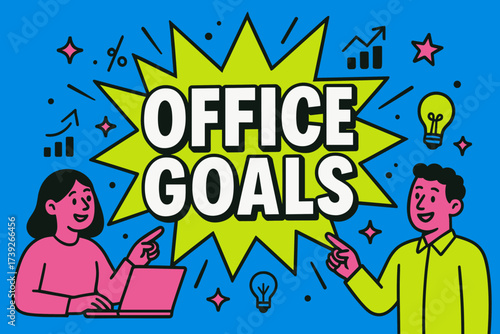 Vibrant Office Inspiration. Office Goals banner, flat vector illustration, bold oversized text inside splash explosion, cartoon characters pointing with