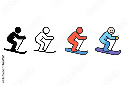 Ski Snowboard Icon Set. Vector icon ski snowboard same pose same proportions four styles black solid glyph outline minimal flat multicolor filled cartoon flat
