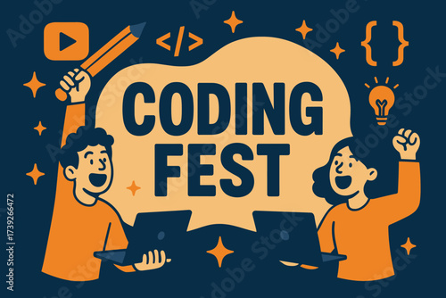 Coding Fest Celebration. Coding Fest banner, flat vector illustration, bold oversized text inside rounded blob, cartoon characters shouting with laptops and