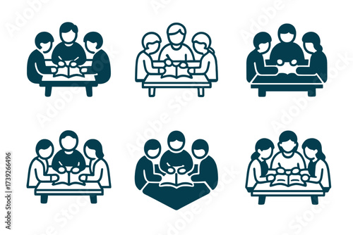 Group Study Logos. A student engaging in a group study session to prepare for a test. Set Logo of A student engaging in a group study session to prepare for a