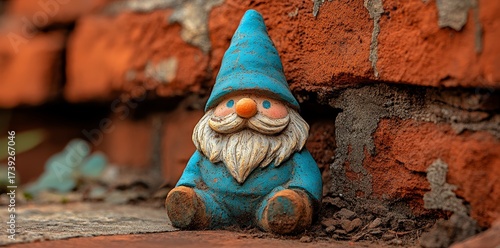 Red brick wall provides the backdrop for a close-up long exposure stock photo of a garden gnome