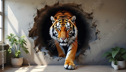 Fototapeta Naklejka Na Ścianę i Meble -  Hyper Realistic Tiger Appearing To Leap Out Of Painted Brick Wall