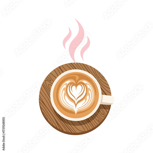 Steaming latte with heart art on wooden coaster, perfect for coffee shops and cozy mornings. Warm drink for social media.