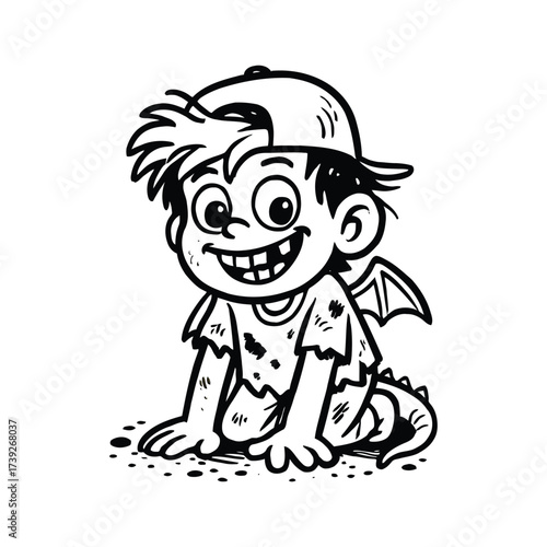 Charming little boy with a mischievous grin and tiny dragon wings, an endearing cartoon character for kids.
