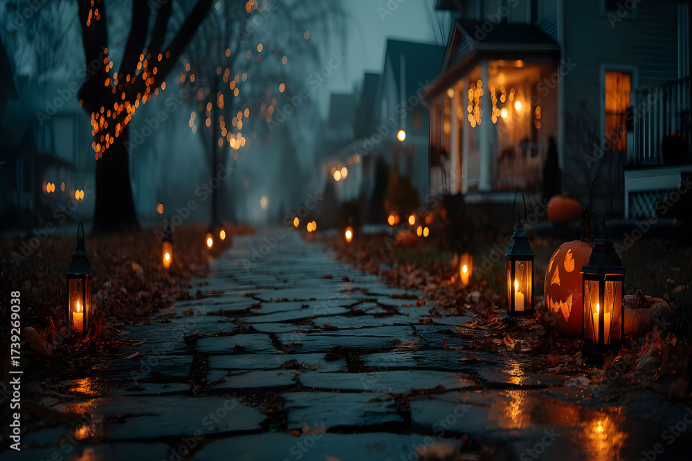 Obraz premium Halloween Night Street with Lanterns and Jack-o'-Lanterns for Holiday Decoration