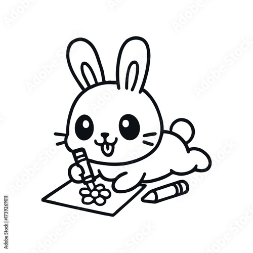 A cute cartoon bunny lying down and drawing a flower with crayons. Simple line art illustration.