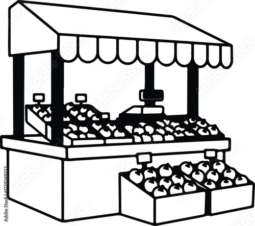 Vector silhouette fruit market stand illustration with apples and produce