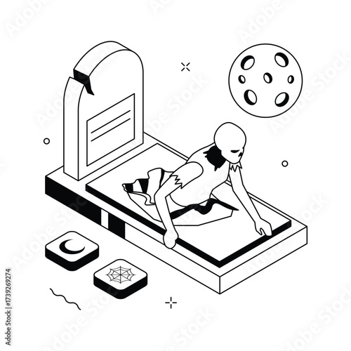 Creepy zombie rising from grave with tombstone and moon, concept illustration