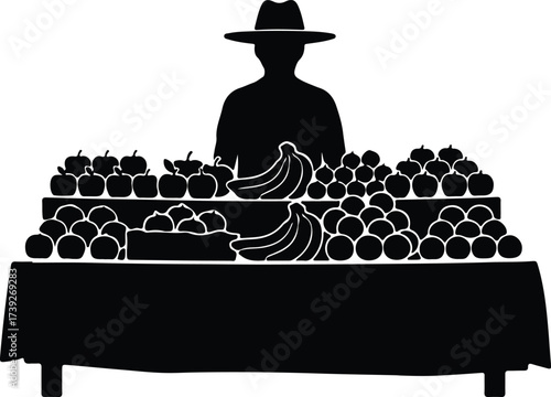 Vector silhouette fruit vendor at market stall illustration