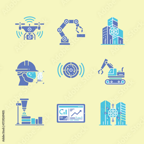 Illustration of different futuristic technologies like drone, robotic arm, construction management, manufacturing and automation in blue and light blue.