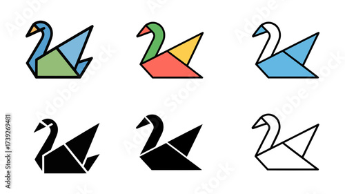 Vector art of set of origami swan icons in different color variations, black and white, and outline