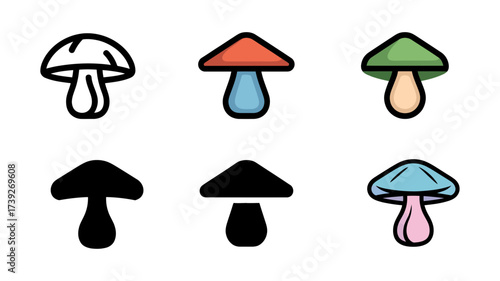 Vector art of set of six mushroom icons in different styles and colors