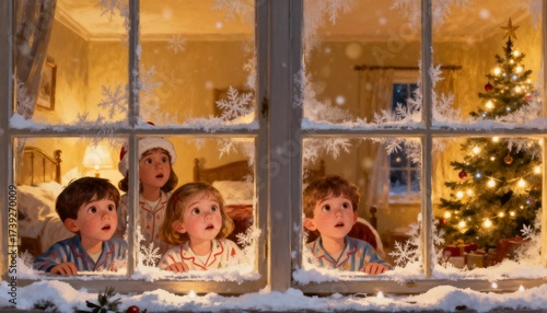 Children looking out the window waiting for Santa Claus, warm festive lights inside, snow falling outside, magical Christmas atmosphere full of wonder and excitement.