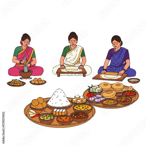 A vibrant illustration of Indian women in traditional sarees preparing a lavish thali, showcasing the rich art of authentic culinary heritage