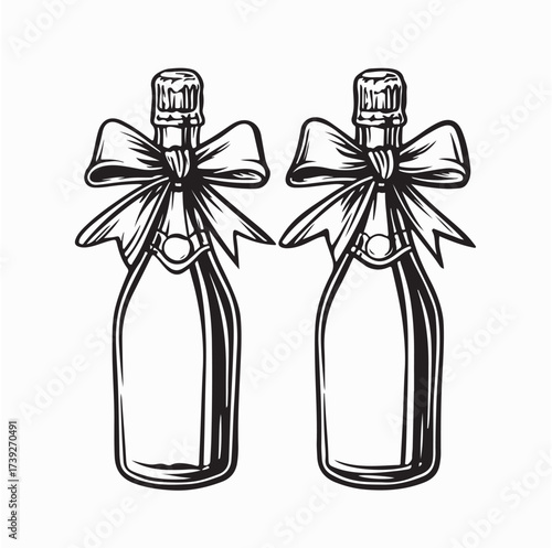 Two Champagne Bottles Decorated with Ribbon Vector Illustration