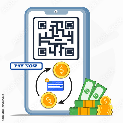 Illustration of QR code payment on smartphone with pay now button and money transfer with credit card concept of digital money, mobile banking and contactless finance technology.