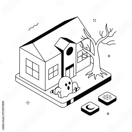 Halloween haunted house with ghost and spooky dead tree, premium illustration