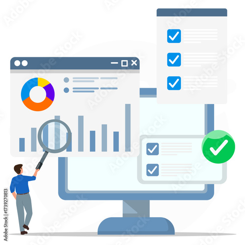 Businessman holding magnifying glass to searching and analyzing chart graphs on computer screen with checkmark on to do list.