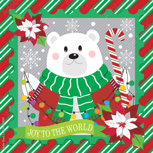 Christmas card with polar bear, lights and wreath