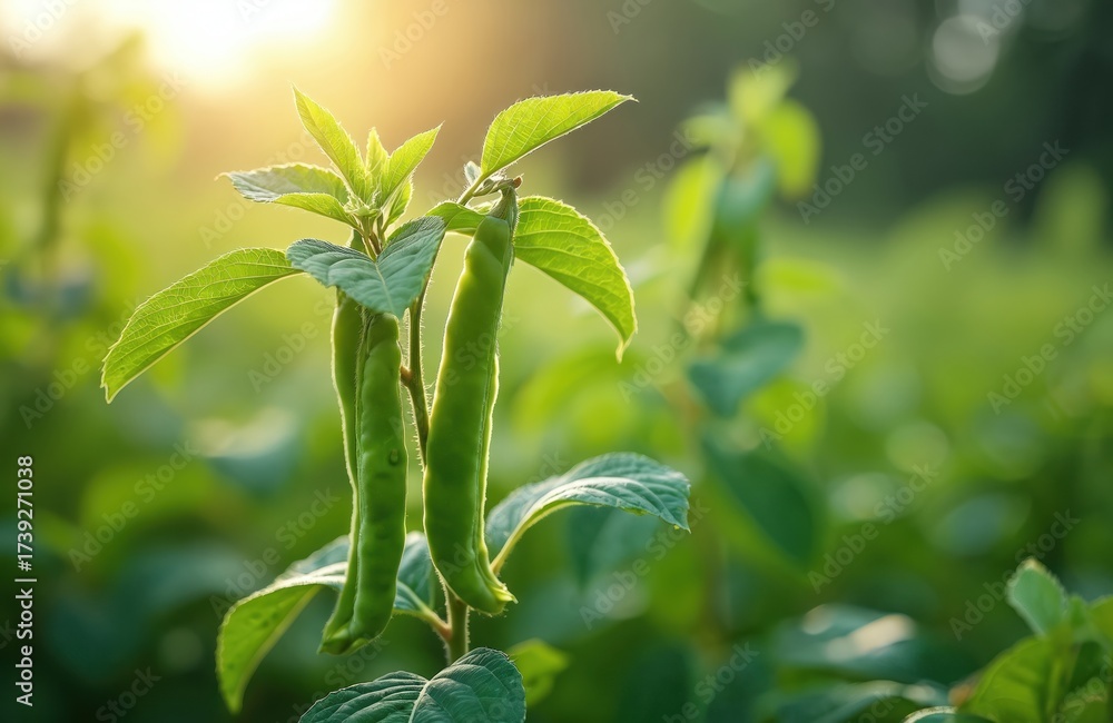 Obraz premium Young green pigeon pea pods grow on a plant in a sunlit field. Healthy legumes ripen on a bush ready for harvest. Agriculture and organic food production concept.