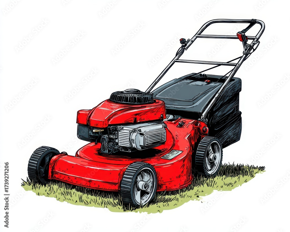 Fototapeta premium Lawn Mower Clip Art. Red Landscaping Tool Isolated Graphic on White Background