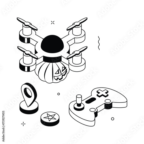 Spooky drone carrying pumpkin with Halloween game controller, concept illustration