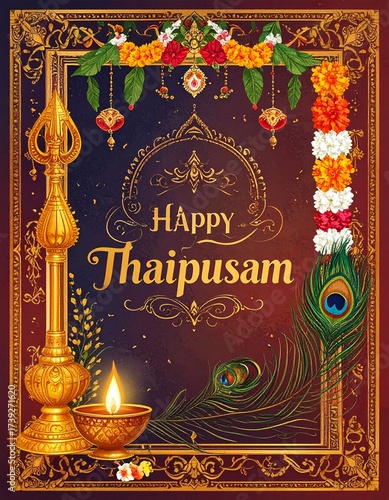 Beautiful vintage-style Thaipusam greeting card design with intricate decorations. The artwork features ornate temple motifs, golden oil lamps, traditional Indian patterns and peacock feathers.