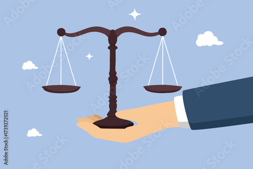 Businessman hand holding integrity balance scale metaphor of legal. Integrity, law and legal, compliance scale, corporate governance regulation, justice or trust, honesty ethical, fairness and moral.