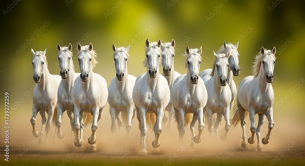 Fototapeta premium Inspiring Strength: Group of Wild White Mares and Stallions